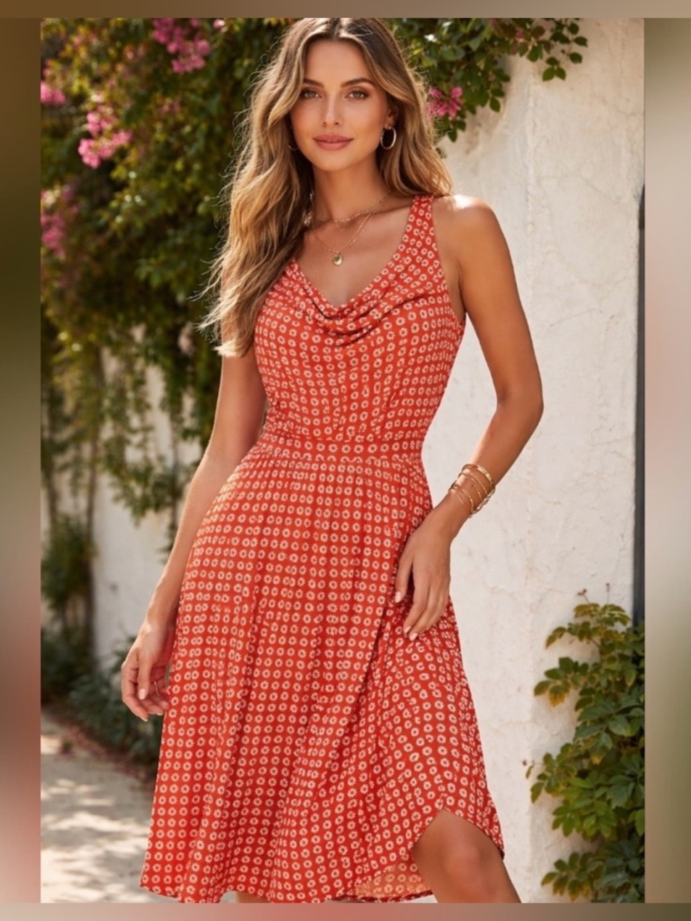 Anthropologie Maeve Cowl Neck Summer Dress Orange with Daisy Print Size XL